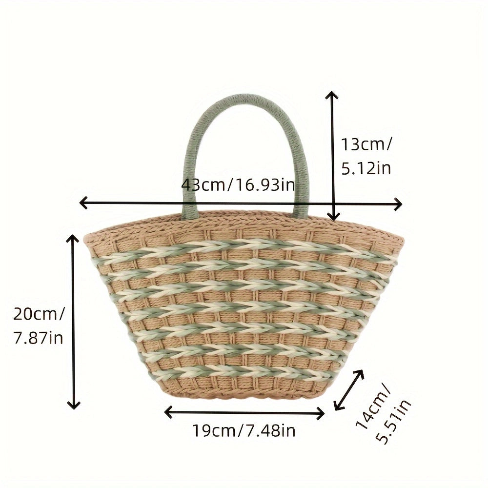 Handwoven Straw Beach Basket Bag - Color Block Shoulder Tote for Women
