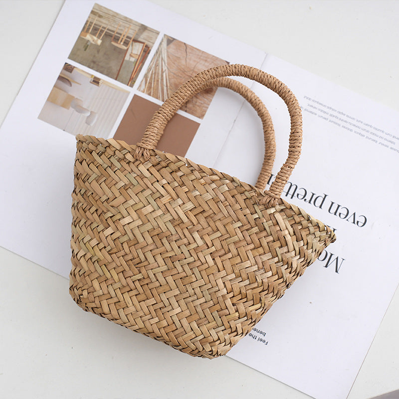 Women's Handwoven Mitsuba Grass Tote Bag – Natural Straw Weave Shell Handbag