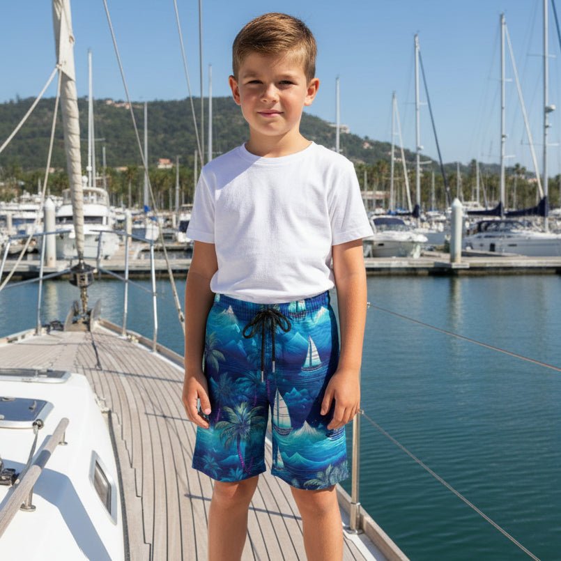 Tropical Nights Sailboat island Board Shorts for Kids