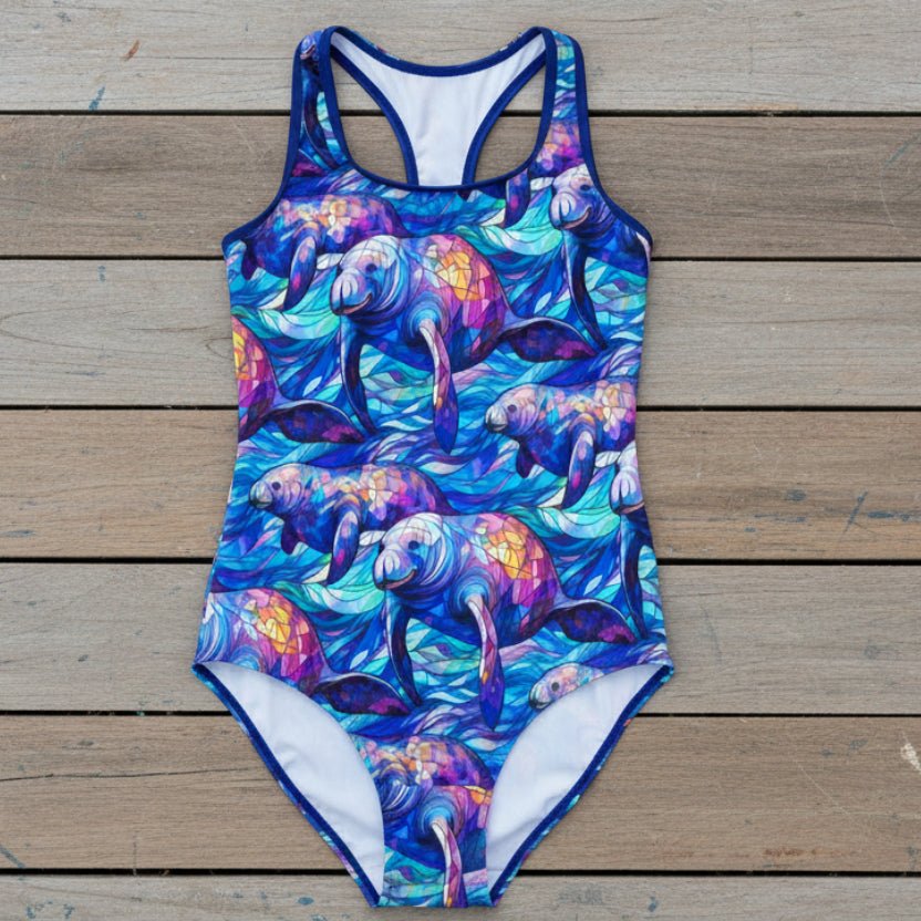 Women's Stained Glass Manatee Racerback 1 Piece Swimsuit