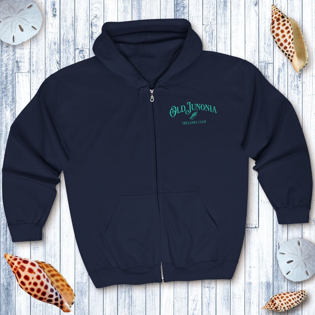 Shelling Clothes | Zip Hoodie Sweatshirt, 'Old Junonia Sheller's Club'