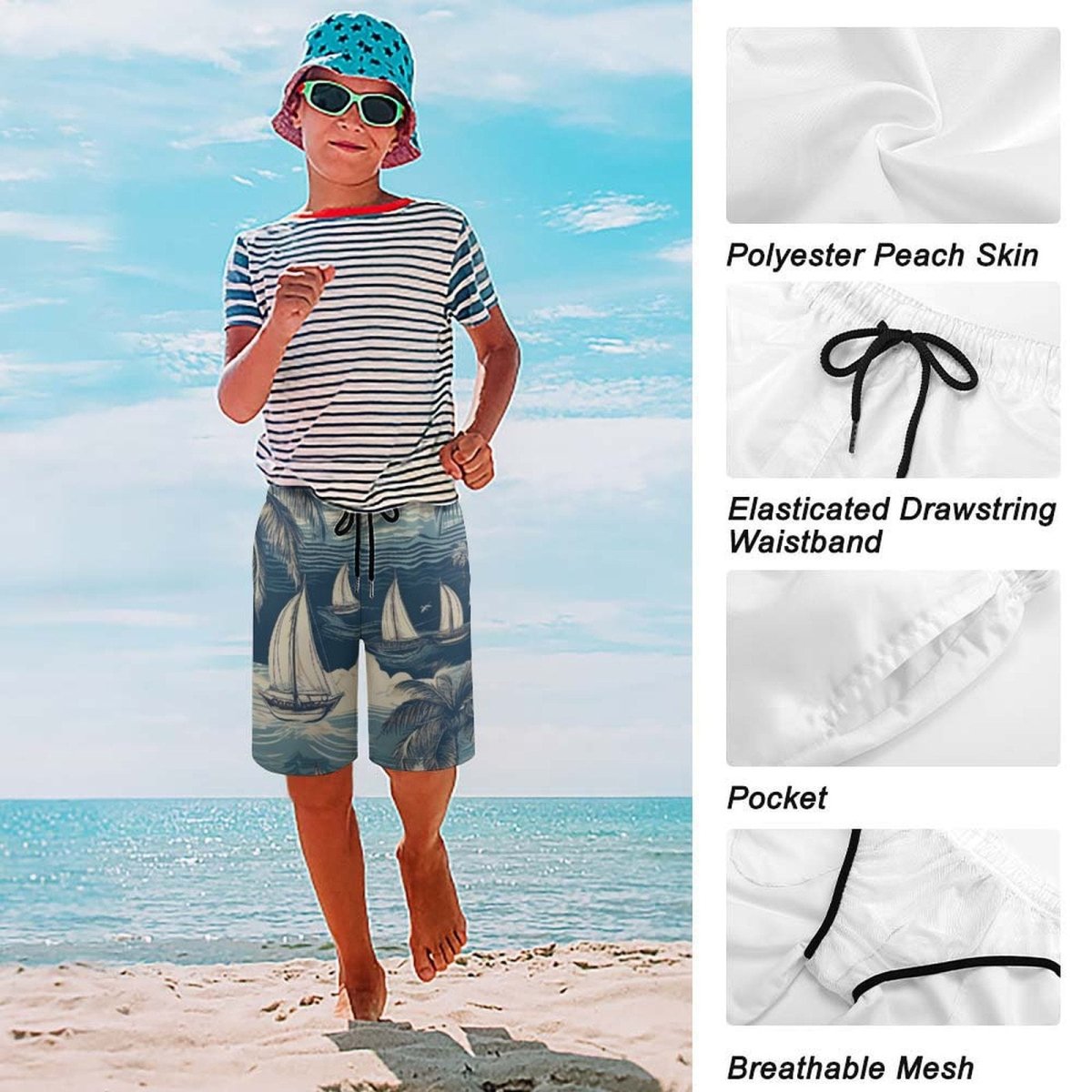 Nautical Kids Sailboat Pattern Board Shorts
