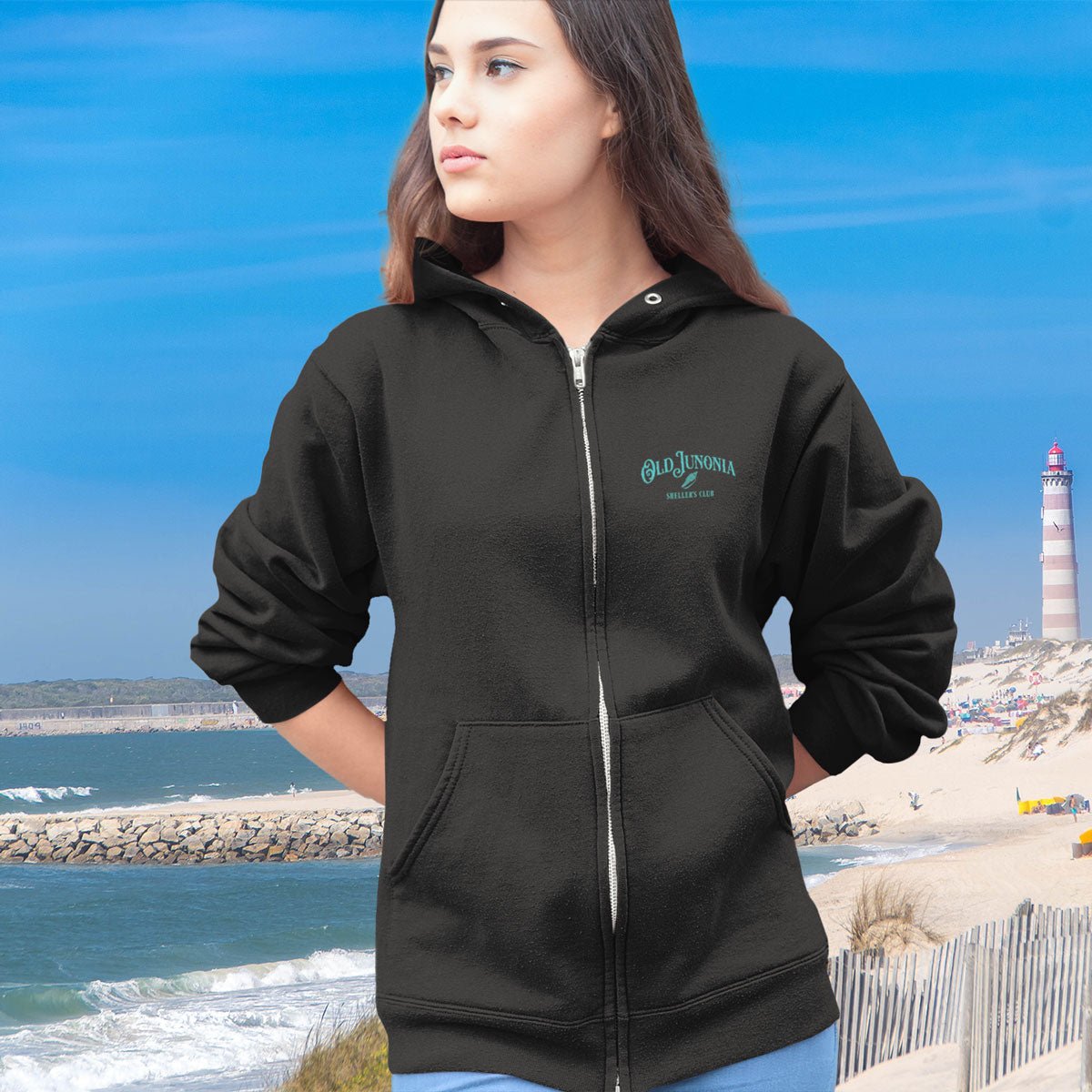 Shelling Clothes | Zip Hoodie Sweatshirt, 'Old Junonia Sheller's Club'