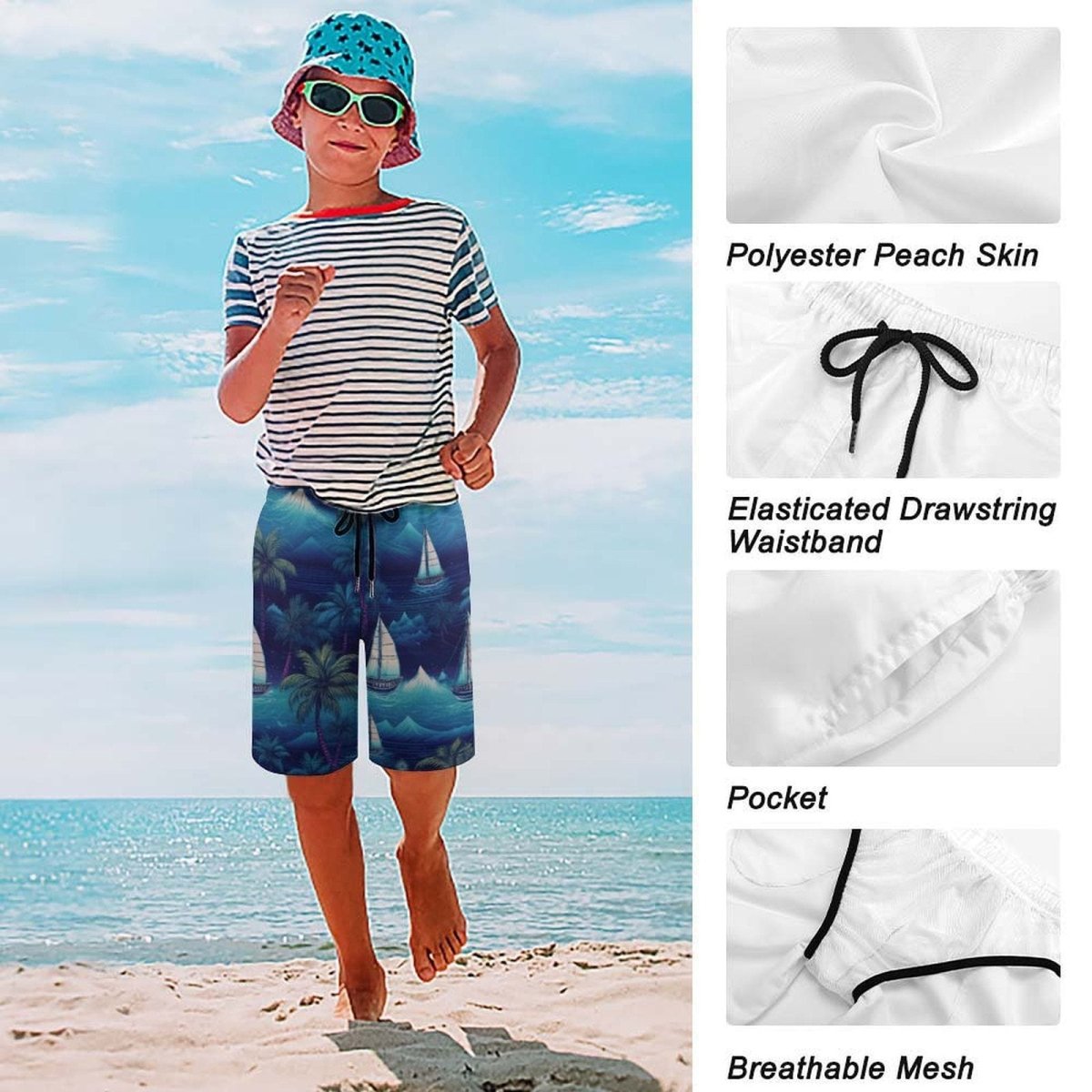 Tropical Nights Sailboat island Board Shorts for Kids