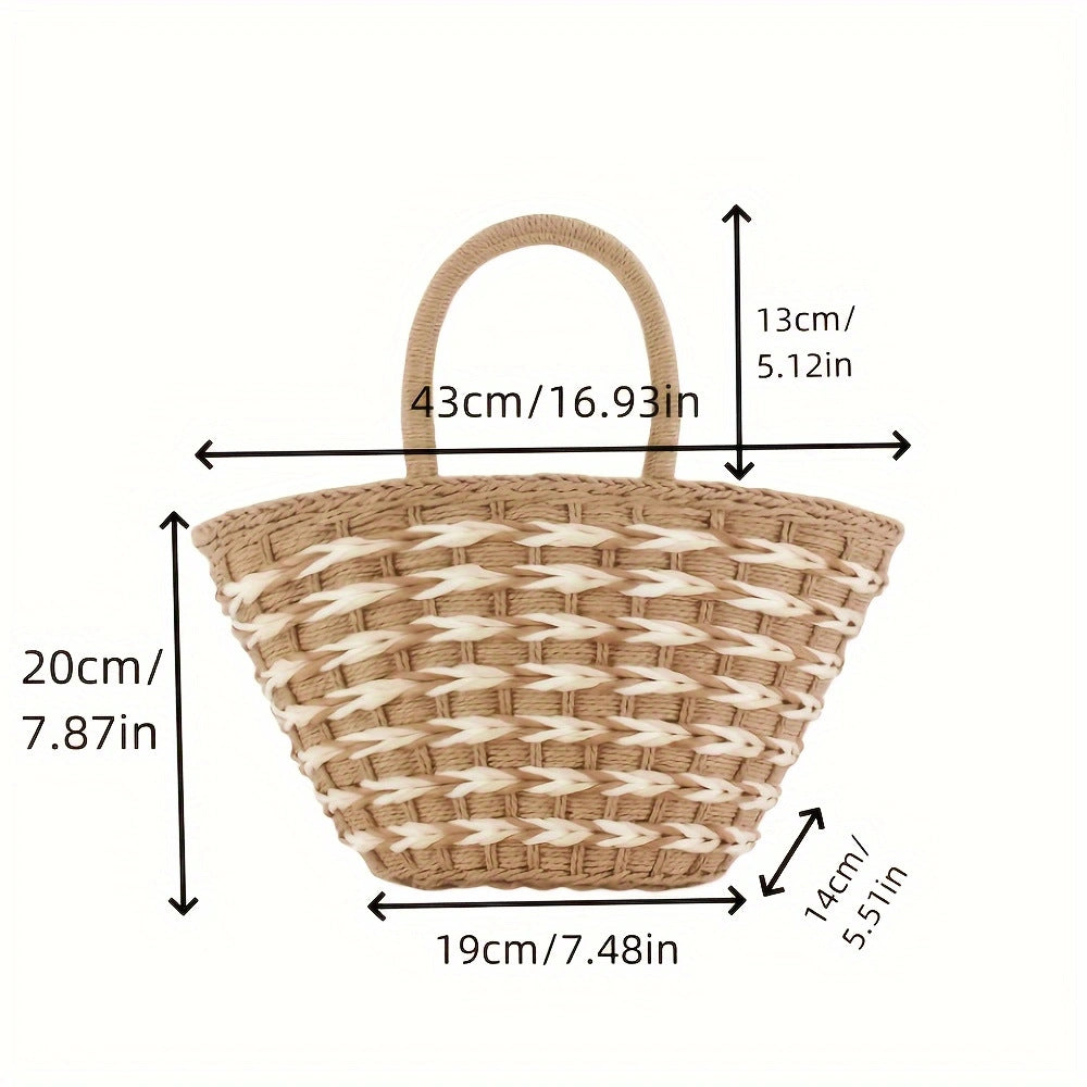 Handwoven Straw Beach Basket Bag - Color Block Shoulder Tote for Women