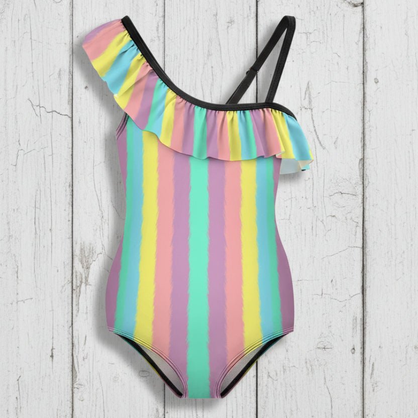 One Piece Girls Ruffled Swimsuit 🌴 Tropical Stripes